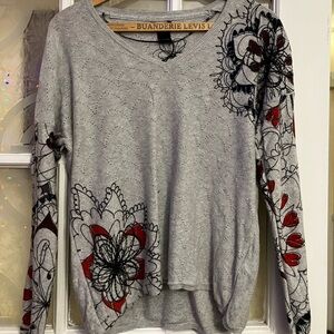 Desigual Gray and Red Floral Long Sleeve Top